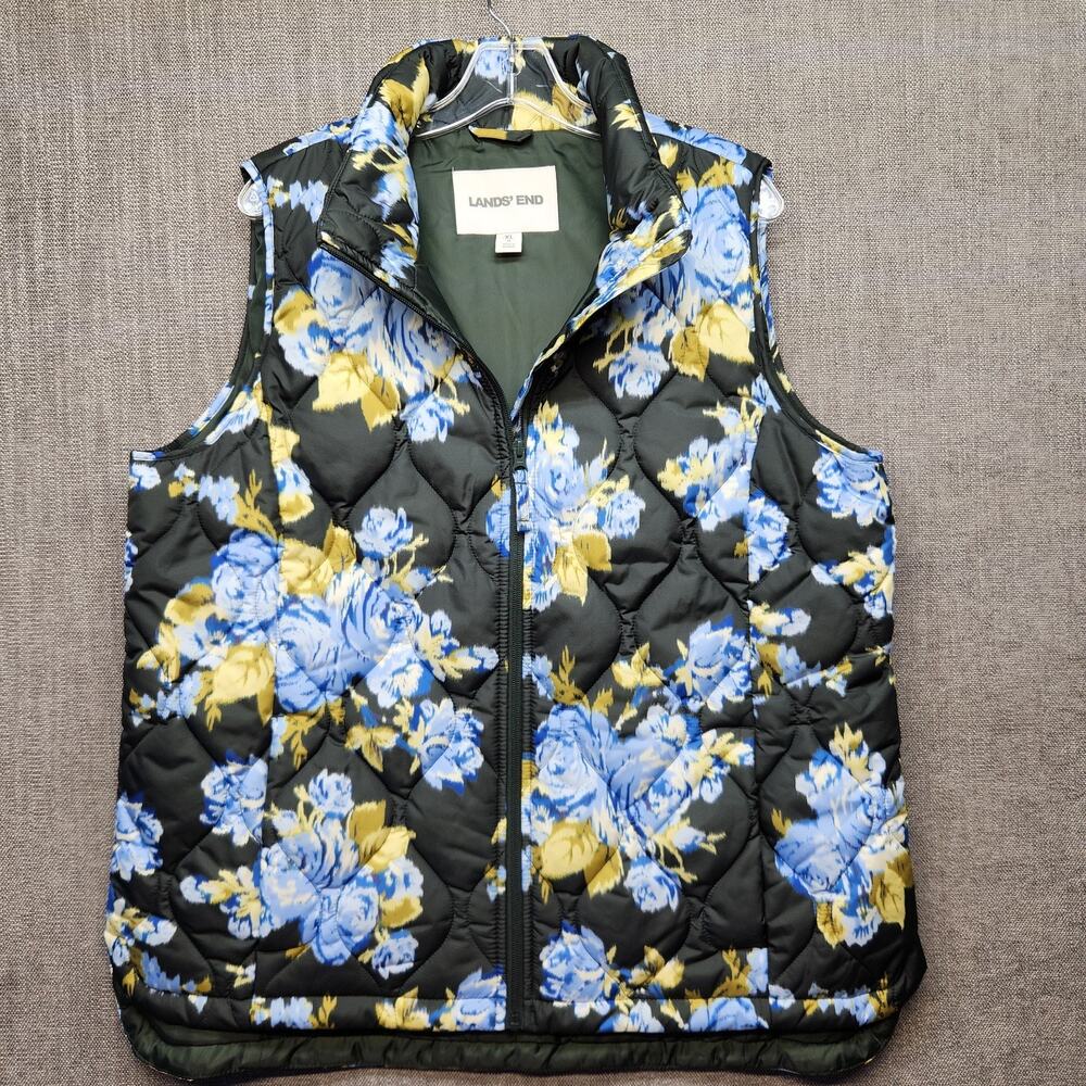Lands' End Womens Quilted Puffer Vest XL 18 Blue Floral Full Zip Lightweight